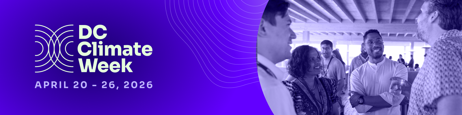 DC Climate Week logo and dates with photo of people having a conversation at a conference