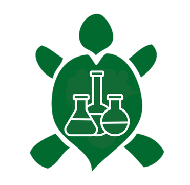 Green labs logo, dark green leaf turtle with beakers inside