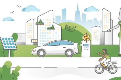 EV, wind, solar, biking cartoon