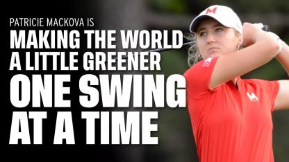 Image of a woman wearing a white hat and red shirt playing golf