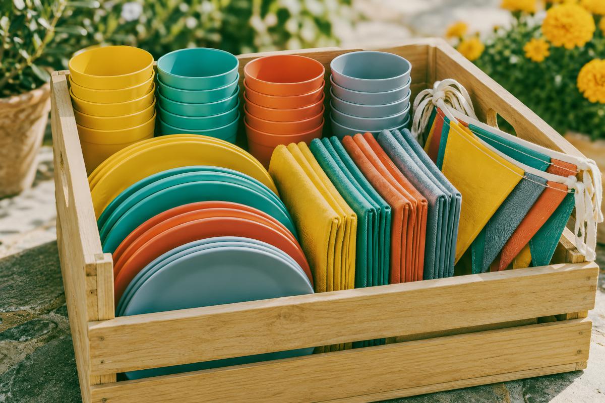 Wooden crate of reusable dishware and cloth penants