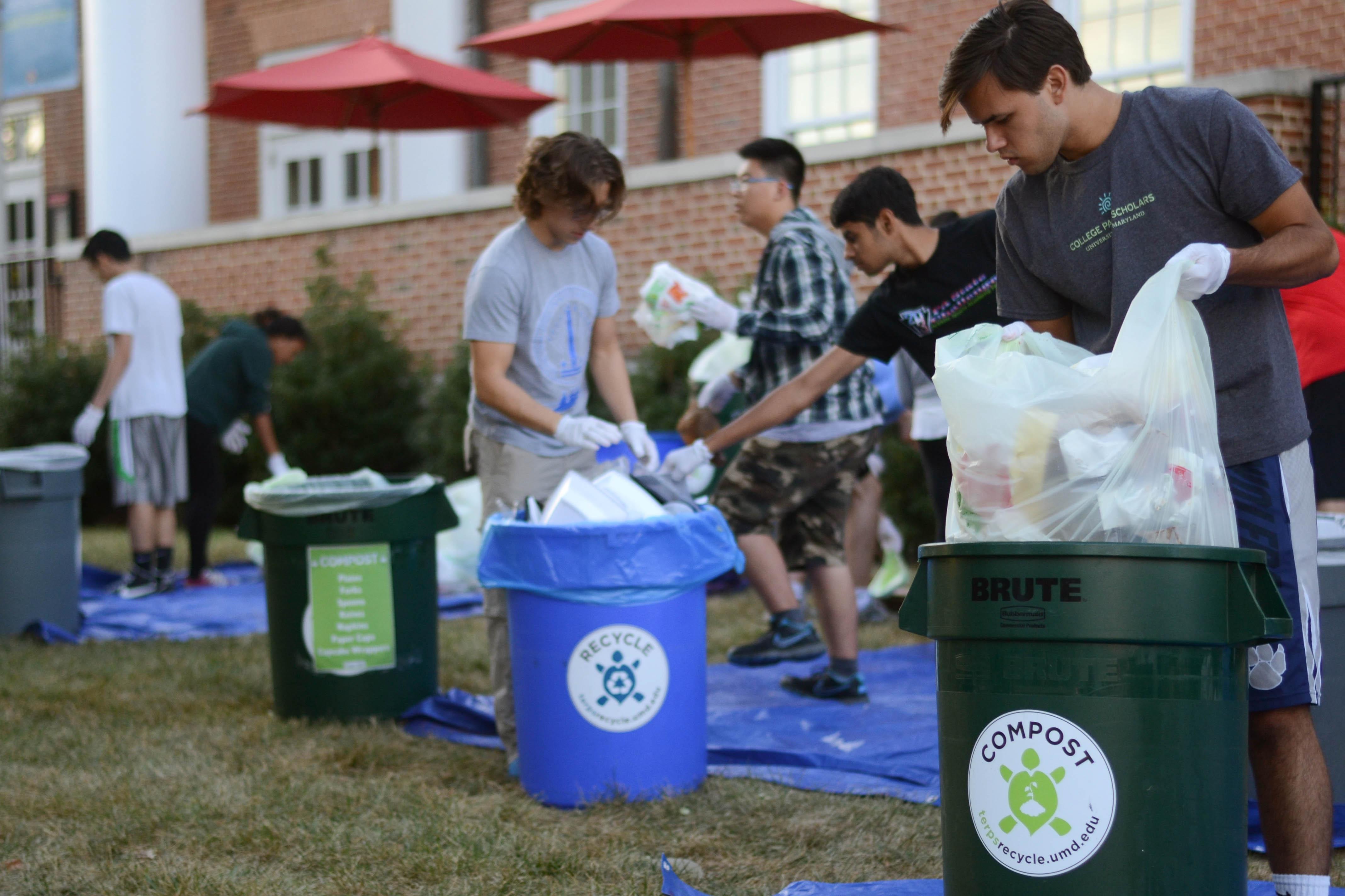 Student Volunteers sorting waste during a campus Waste Audit
