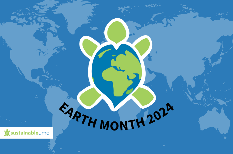 World Map with Earth Month Turtle and "Earth Month 2024"