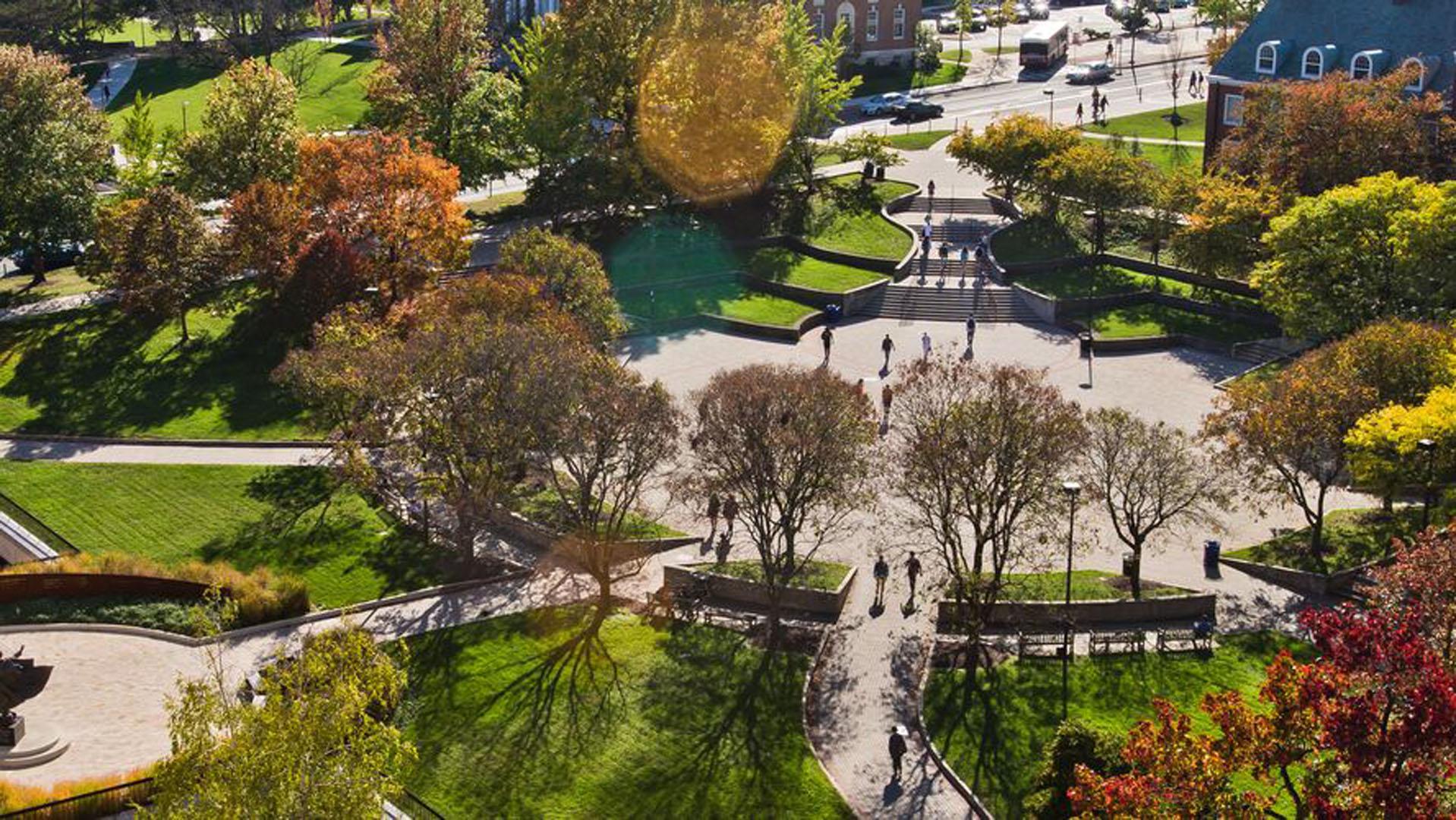 Hornbake Plaza aerial view in fall