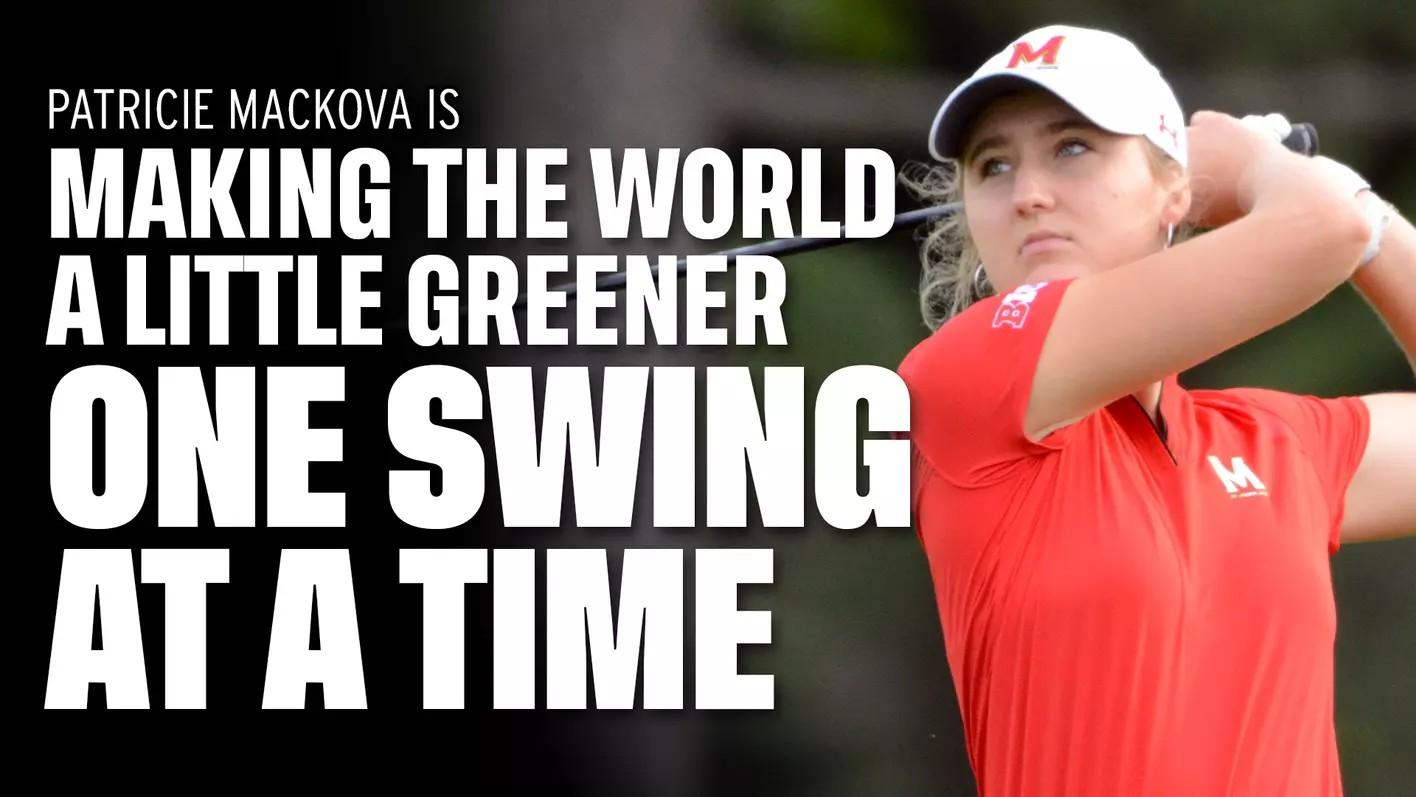 Image of a woman wearing a white hat and red shirt playing golf