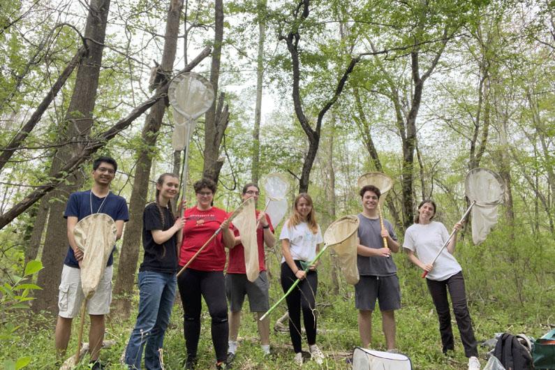 Students holding nets to catch bugs in the woods