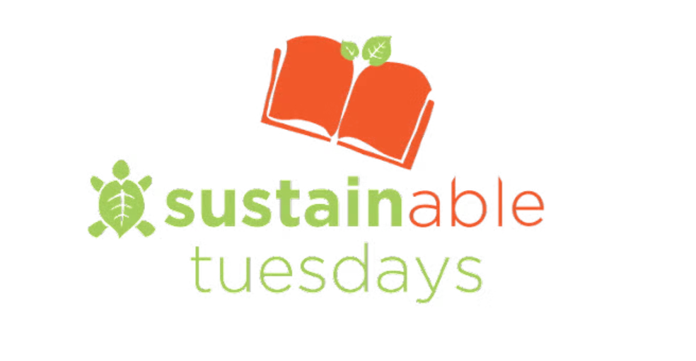 Sustainable Tuesdays logo with orange book and green and orange letters