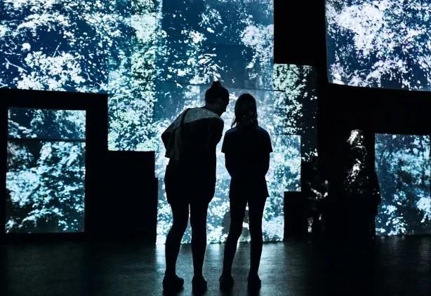 Resonant art that looks like an ocean on the screens with students examining