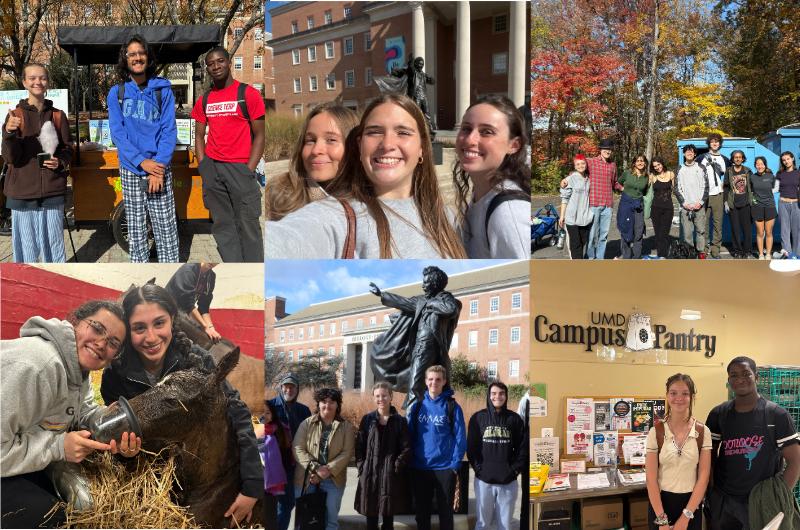 Collage of students completing the Green Terp Bucket List Challenge through finding the Outreach Bike, visiting the Frederick Douglass statue, performing a waste cleanup, checking out the Campus Farm, and visiting the Campus Pantry